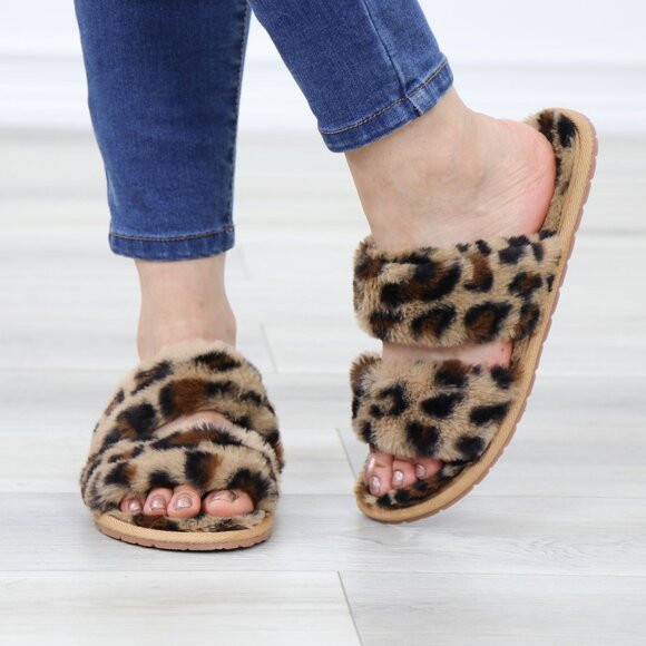 Leopard Tan Puff Fuzzy Fluffy Slip On Plush Slippers Double Strap - Picture 12 of 16